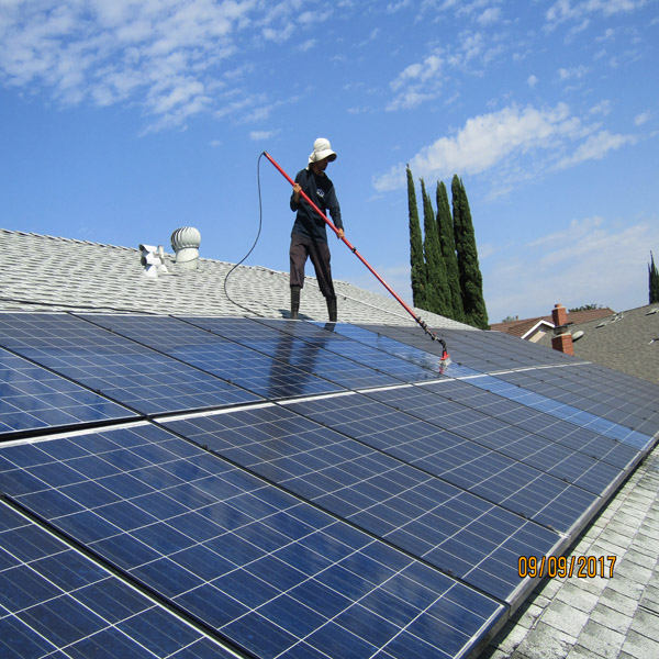 Rooftop solar panels during cleaning